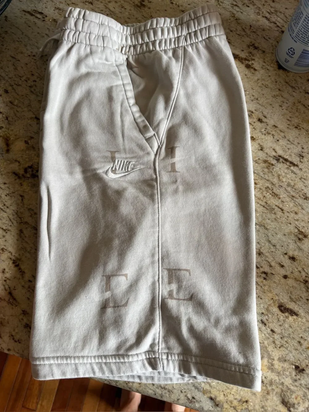 Nike boys shorts, cotton, tan with letters and checks, youth XL (14-16)